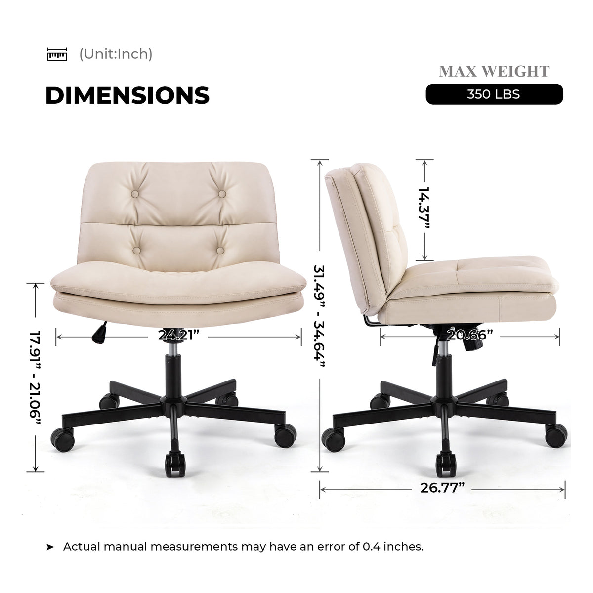 Large Size Swivel Home Office Desk Chair Armless Office Room Chair Caster Wood Beige Primary Living Space Foam Dry Clean American Design,Casual,Contemporary,Minimalist,Modern Handle Office Chairs Solid Back Foam Adjustable Height Leather
