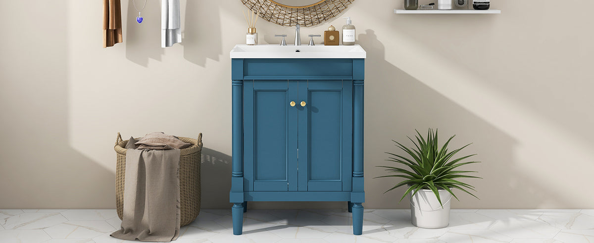 24'' Bathroom Vanity With Top Sink, 2 Tier Modern Bathroom Storage Cabinet, Single Sink Bathroom Vanity, Large Storage Shelves Blue 2 1 Adjustable Hinges Freestanding Modern Solid Wood Mdf Resin Painted