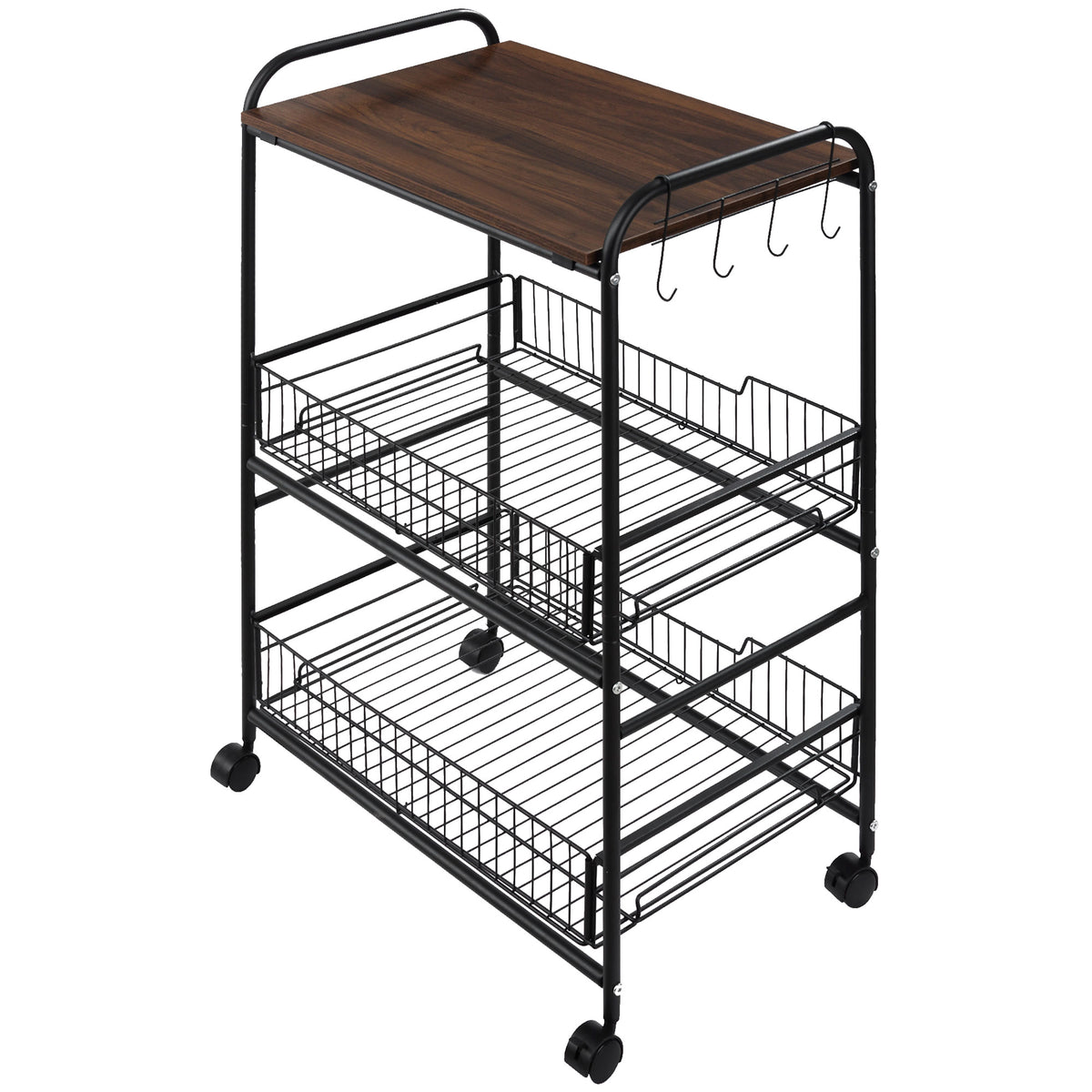 Homcom 3 Tier Rolling Kitchen Cart With Storage, Kitchen Island Cart On Wheels With 2 Sliding Fruit Basket, Microwave Cart With Side Hooks For Dining Room, Walnut Walnut Mdf Metal