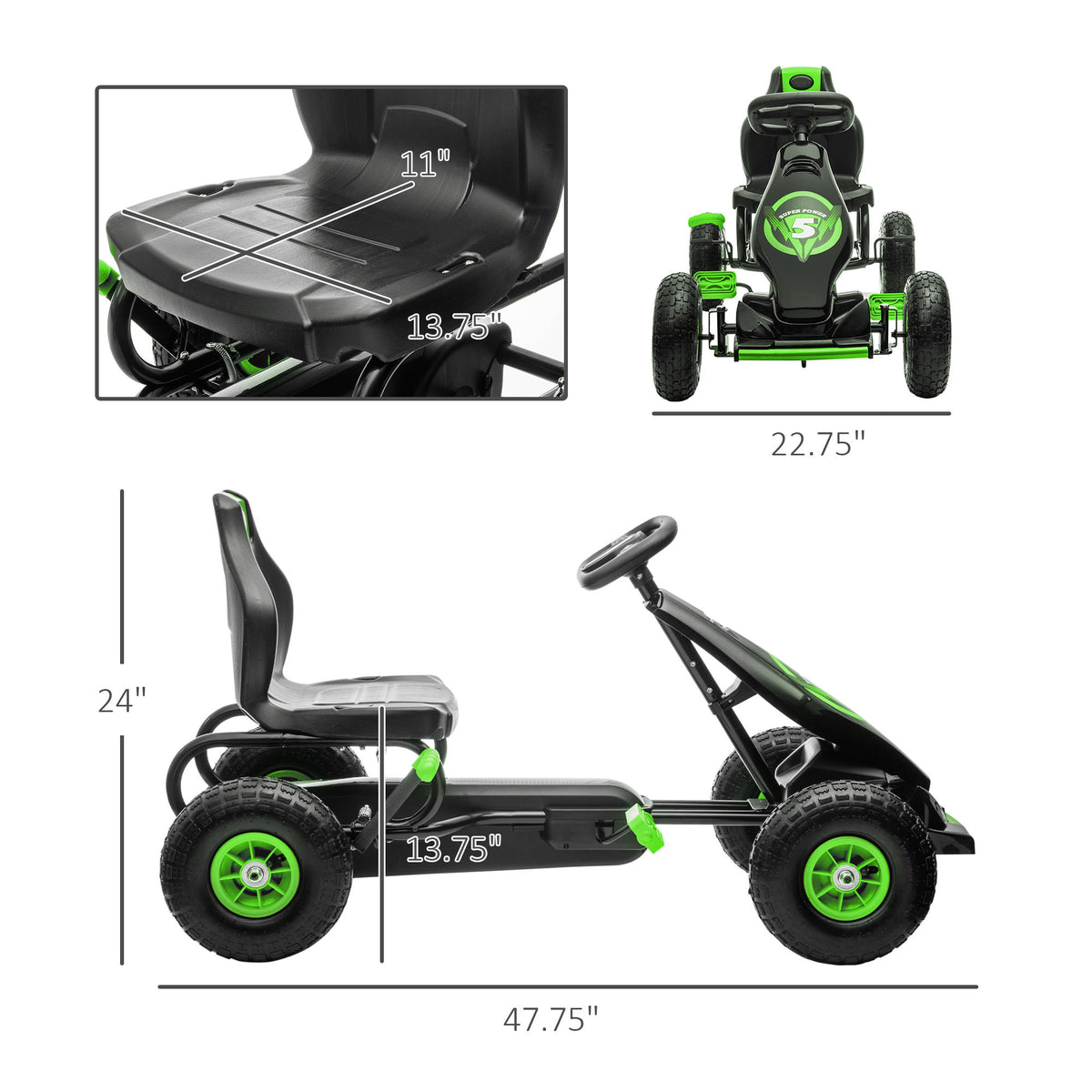 Aosom Kids Pedal Go Kart Ride On Toy With Ergonomic Comfort, Pedal Car With Tough, Wear Resistant Tread, Go Cart Kids Car For Boys & Girls With Suspension System, Safety Hand Brake, Ages 5 12, Green Green Plastic