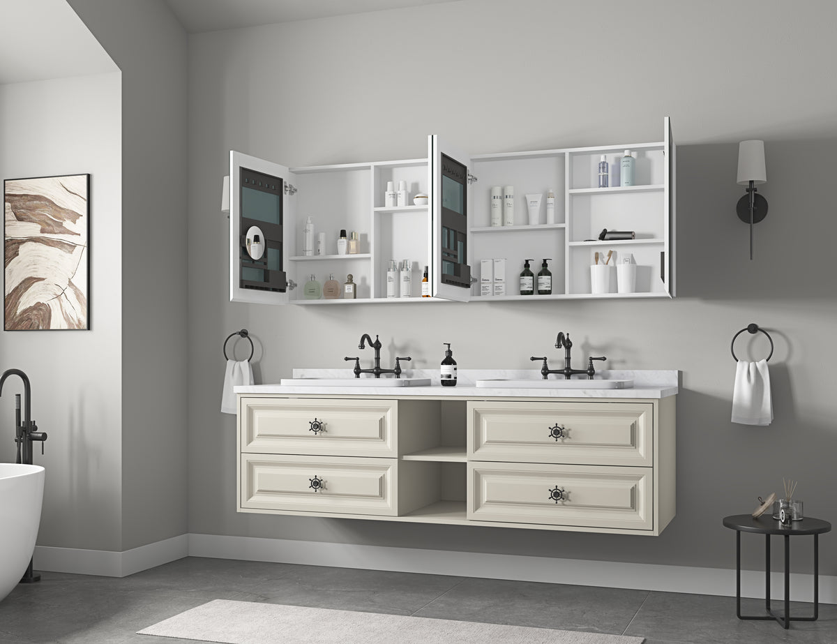 72'' W X 26'' H Bathroom Mirror Medicine Cabinet Wooden Door Medicine Cabinets For Bathroom, Wall Mounted Recessed Or Surface, Bathroom Mirror With Storage White Engineered Wood