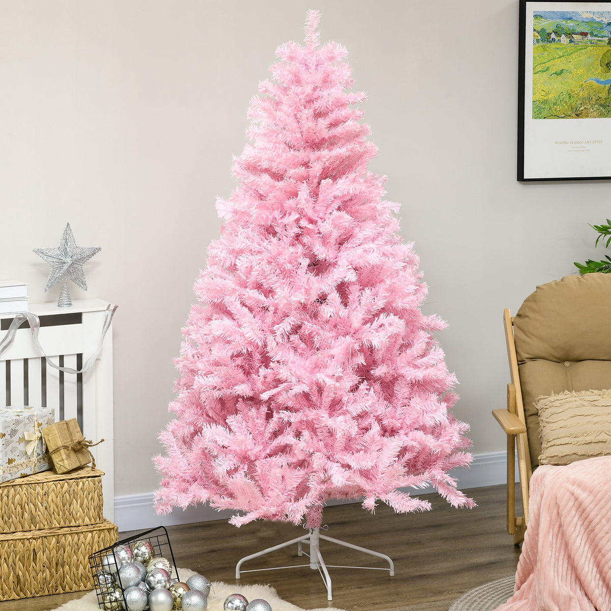 Homcom 6Ft Tall Artificial Christmas Tree Holiday D Cor With 1000 Branches, Auto Open, Steel Base, Wide Shape, Pink Pink Plastic