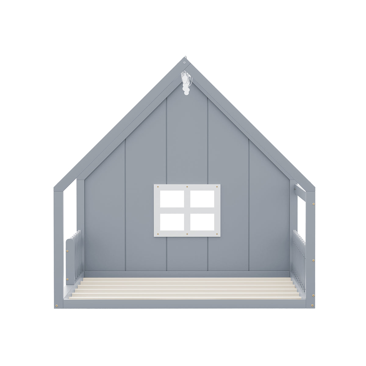 Full Size Wood House Bed With Window And Fence, Gray Old Sku: Wf304147Aae Box Spring Not Required Full Gray Wood Bedroom Pine Bed Frame Solid Wood Mdf