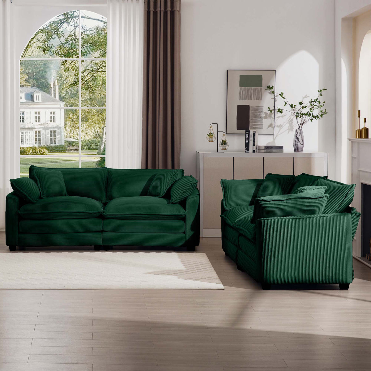Modern Fabric Living Room Sofa Two Piece Set, Two 2 Seater Sofas With 8 Cushion Upholstery Large Deep Seat Recliner, Green Corduroy Fabric Green Corduroy 4 Seat