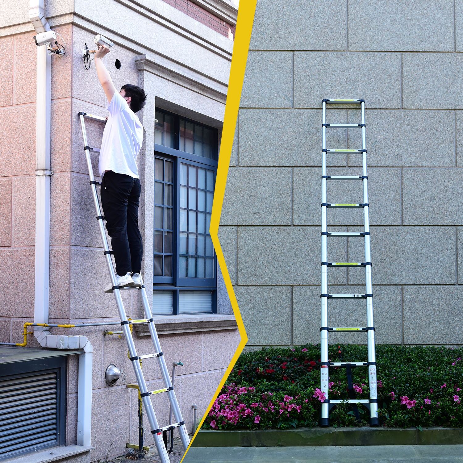 8.5Ft Telescopic Ladder, Telescopic Aluminum Alloy Multi Purpose Folding Telescopic Ladder With Hooks And Triangular Support Frame, Suitable For Outdoor Work At Home Or Rv Antique Silver Aluminium