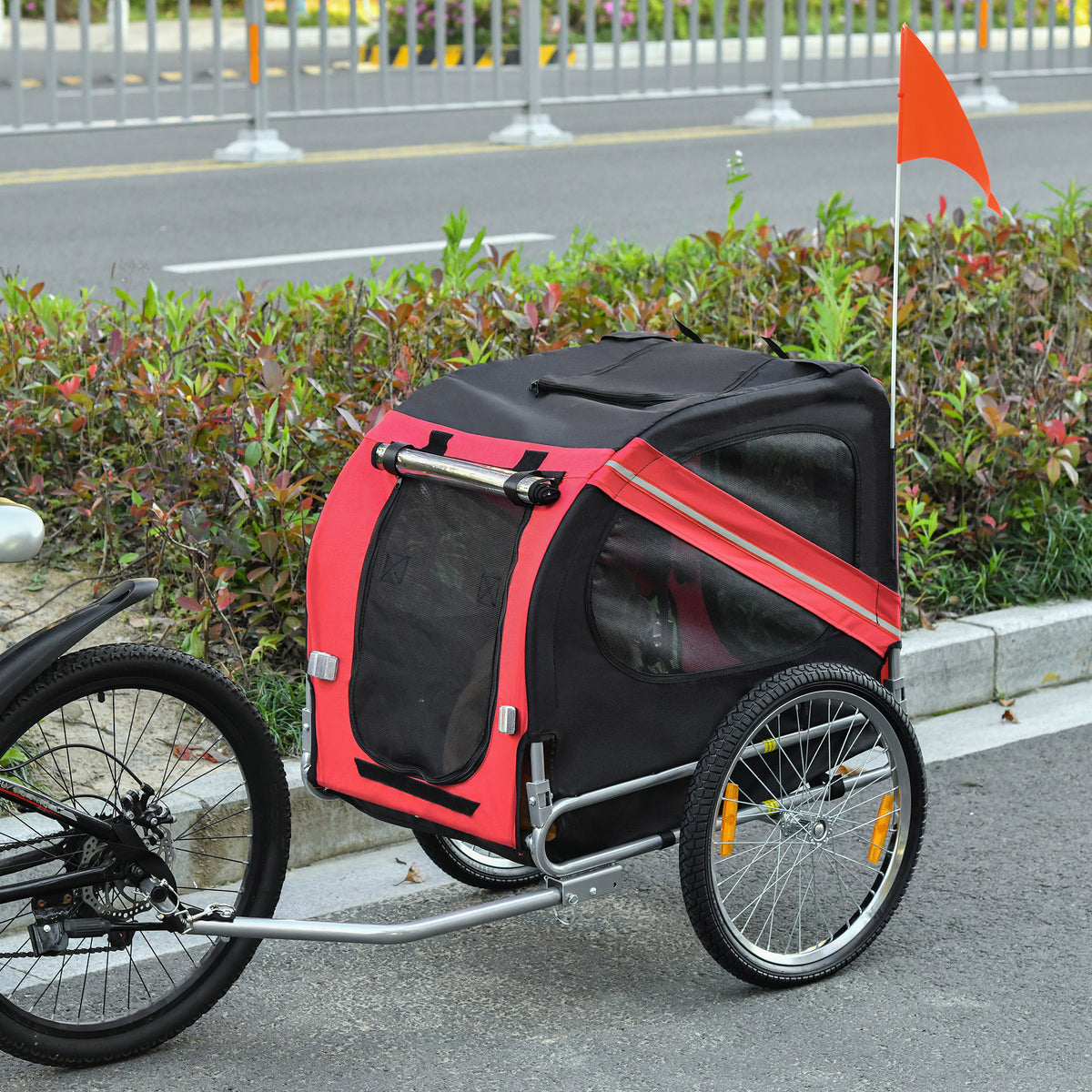 Aosom Dog Bike Trailer Pet Cart Bicycle Wagon Cargo Carrier Attachment For Travel With 3 Entrances Large Wheels For Off Road & Mesh Screen Red Black Red Steel