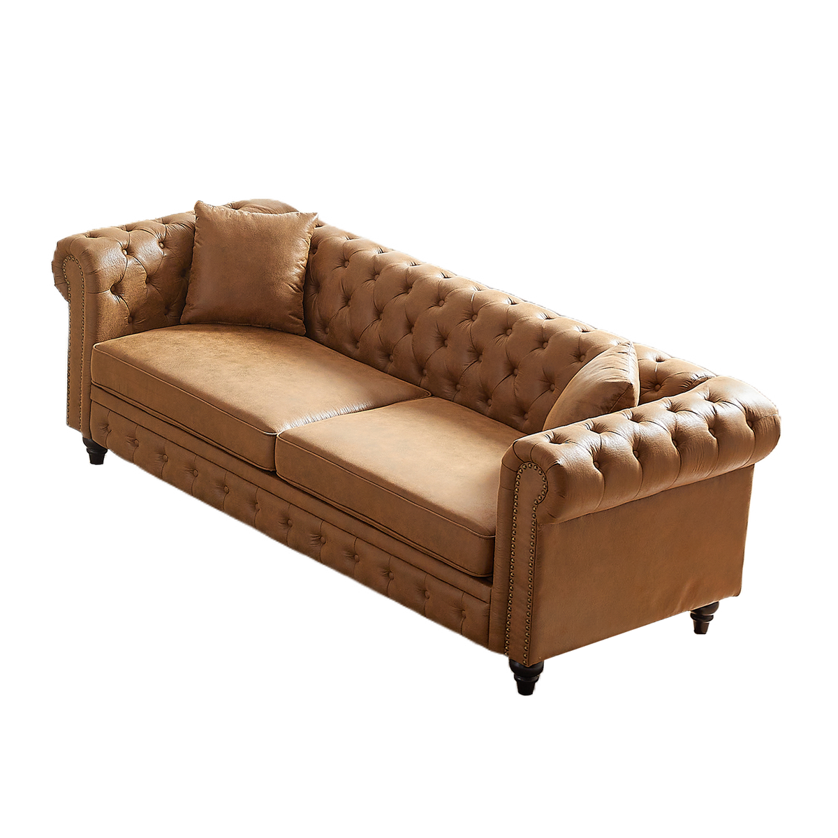 Fx 85.5"Living Room With Tech Fabric Chesterfield Sofa With Rolled Arms 3 Seater Sofa With Button Design And 2 Cushions For Apartment, Office, Living Room Brown Polyester Wood Primary Living Space Pine Foam Fabric 3 Seat