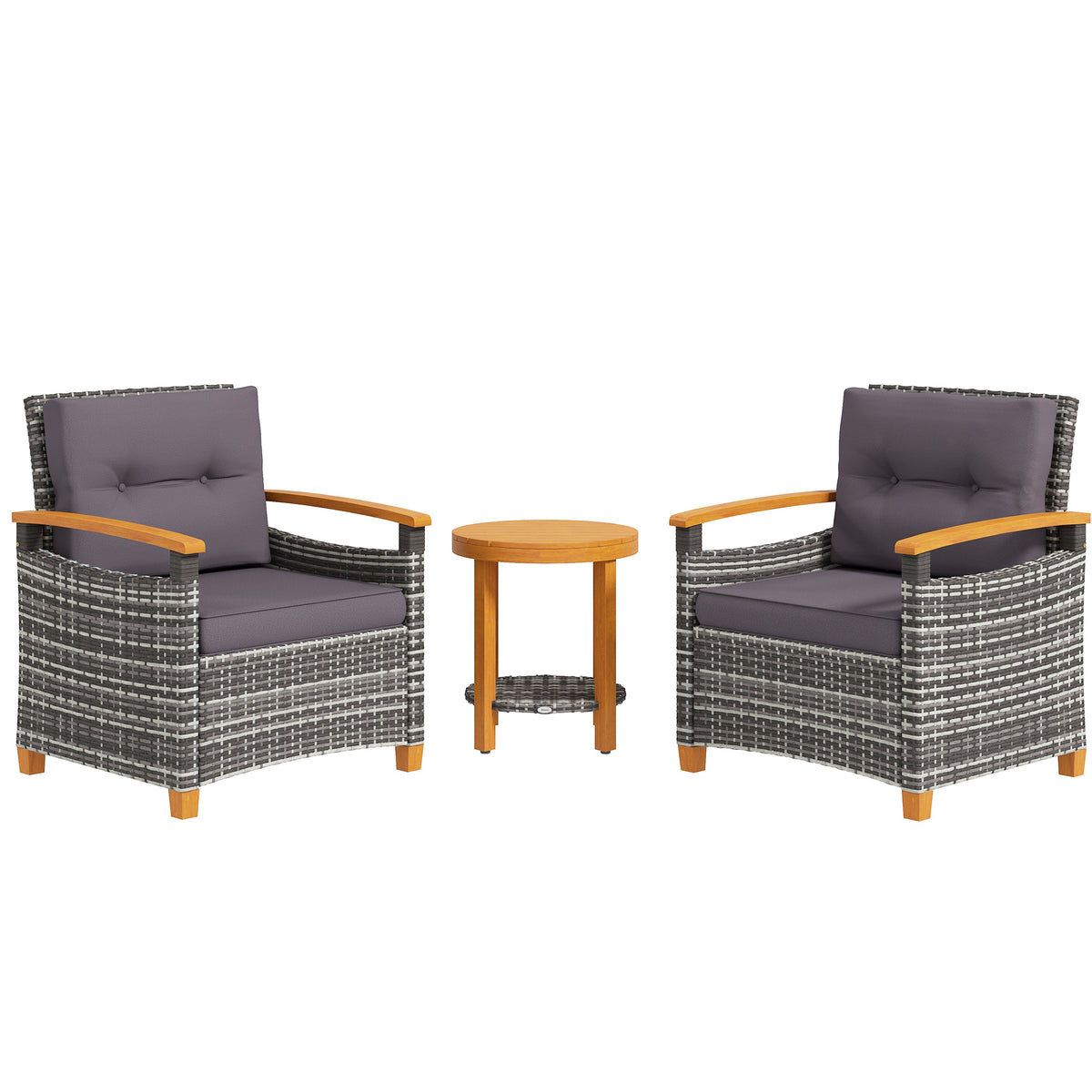 Outsunny 3 Pieces Patio Bistro Set Wooden With Cushions, Pe Wicker Patio Furniture Outdoor For Porch, Backyard, Garden, Gray Gray Rattan Metal