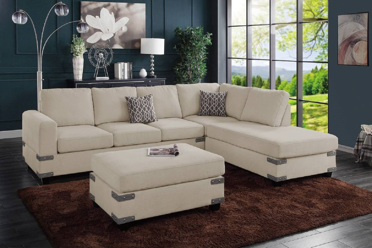Living Room Furniture Mushroom Chenille Sectional W Ottoman Linen Like Fabric Sofa Reversible L R Chaise Ottoman 3Pc Sectional Sofa Mushroom Chenille Wood Primary Living Space Cushion Back