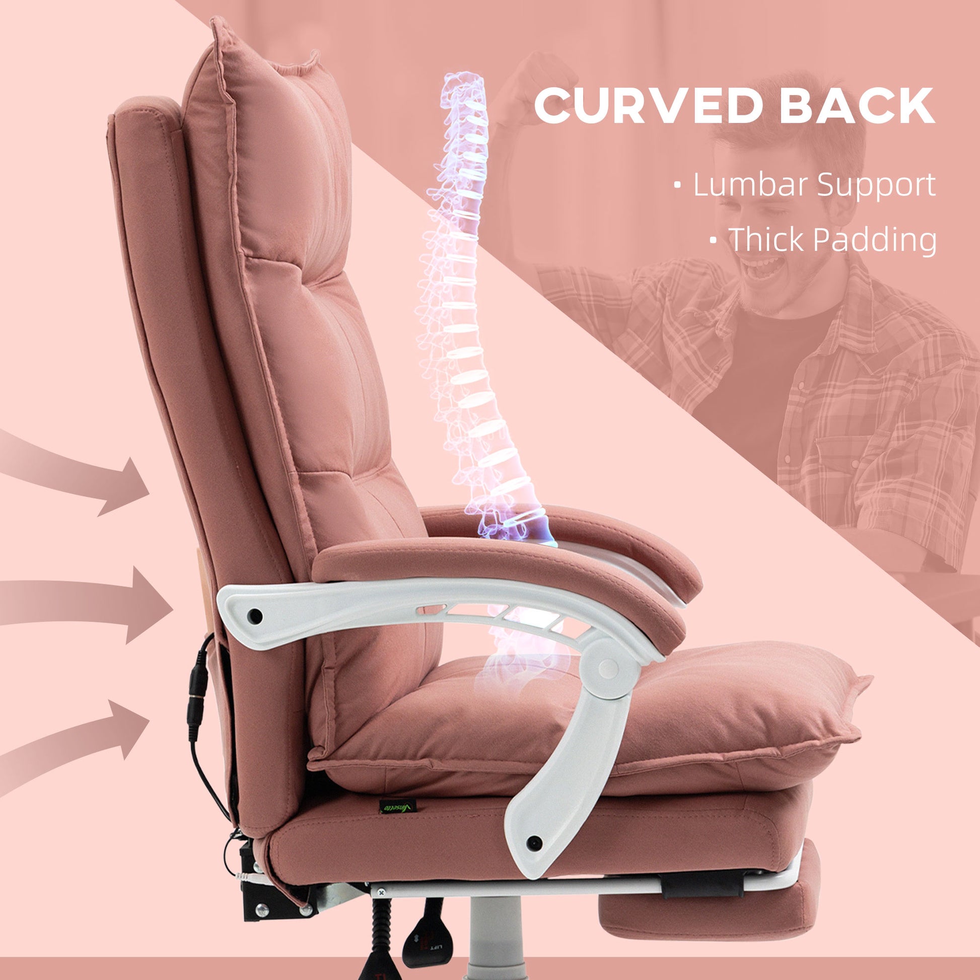 Vinsetto Executive Massage Office Chair With 6 Vibration Points, Microfiber Computer Desk Chair, Heated Reclining Chair With Footrest, Armrest, Double Padding, Pink Pink Polyester
