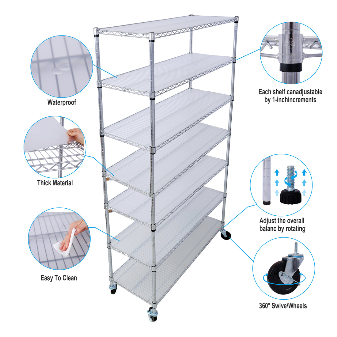 7 Tier Metal Shelf Wire Shelving Unit, 2450Lbs Heavy Duty Adjustable Storage Rack With Wheels & Shelf Liners For Closet Kitchen Garage Basement Commercial Shelving 81.5" H X 48" L X 18" D Chrome Chrome Metal