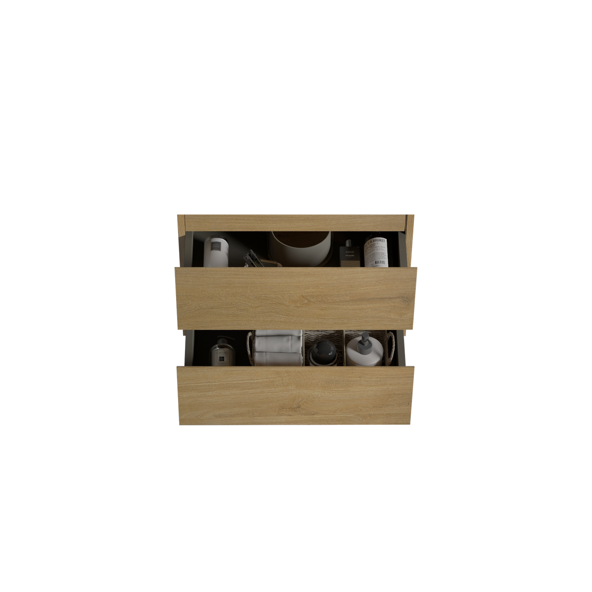 Alice24 106, Wall Mount Cabinet Without Basin, Natural Oak Color, With Two Drawers, Pre Assembled Oak Melamine