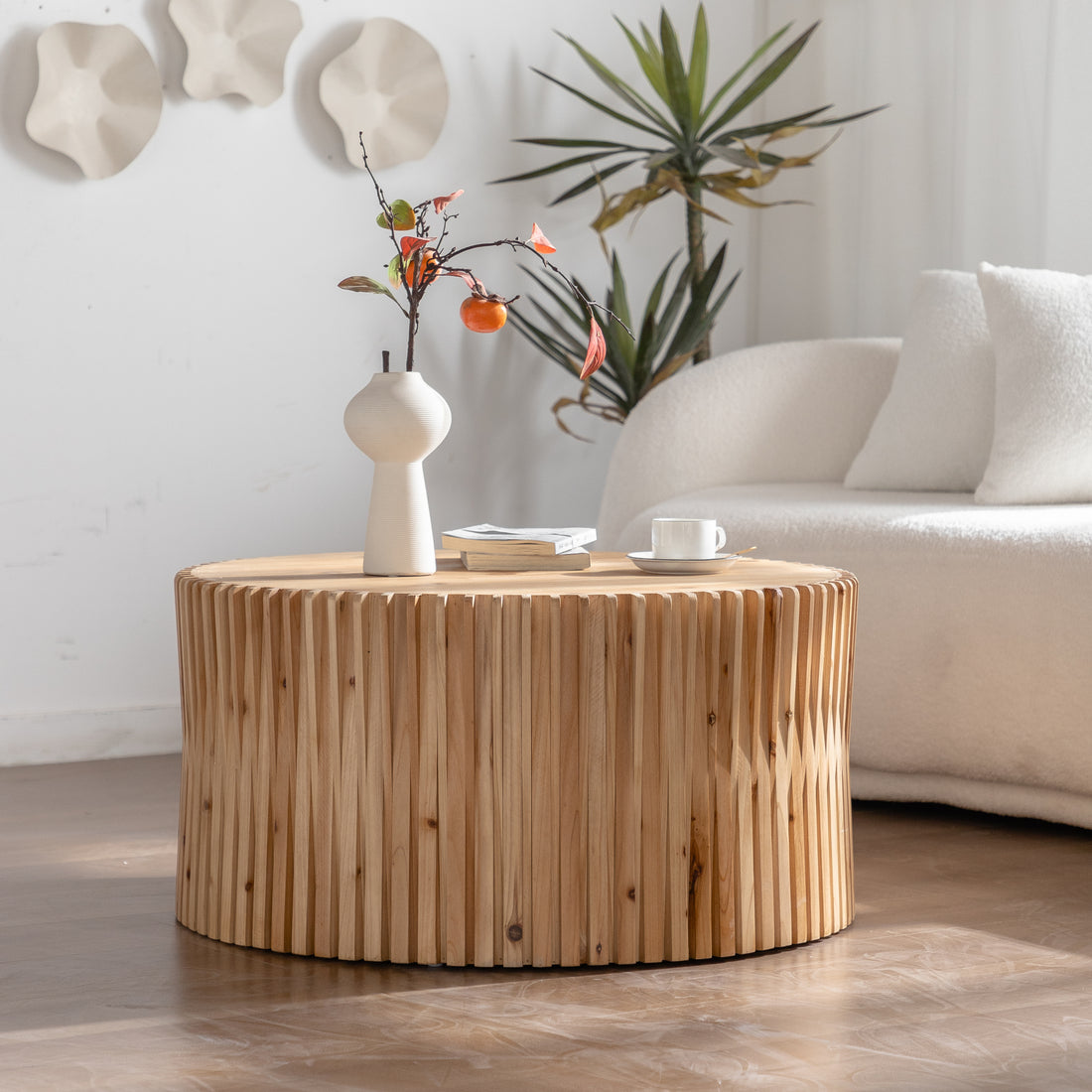 31.5" Retro Fashion Style Cylindrical Coffee Table With Vertical Texture Relief Design,Suitable For Living Room,Office,And Dining Room Natural Fir Wood