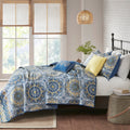 6 Piece Reversible Quilt Set With Throw Pillows Blue Full Queen Blue Cotton