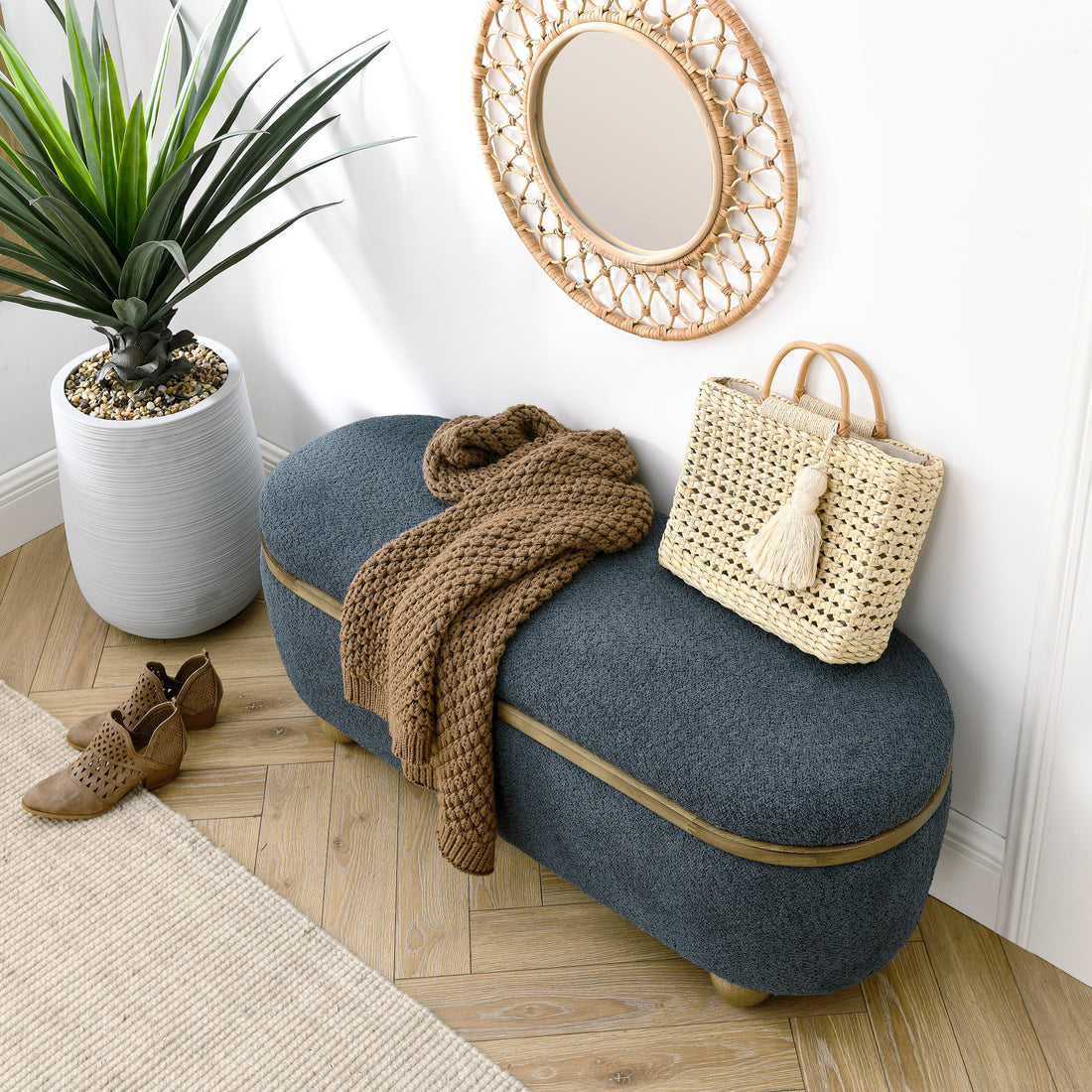 Storage Ottoman Bench, Upholstered End Of Bed Ottoman Bench With Storage And Seating, Large Blanket Storage Bench For Foot Rest In Bedroom, Living Room, Entryway, Dark Blue Dark Blue Foam