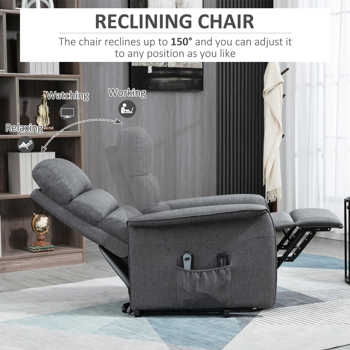 Homcom Power Lift Chair With Vibration Massage, Fabric Upholstered Recliner Chair For Elderly With Remote Control, Side Pockets, Grey Grey Steel
