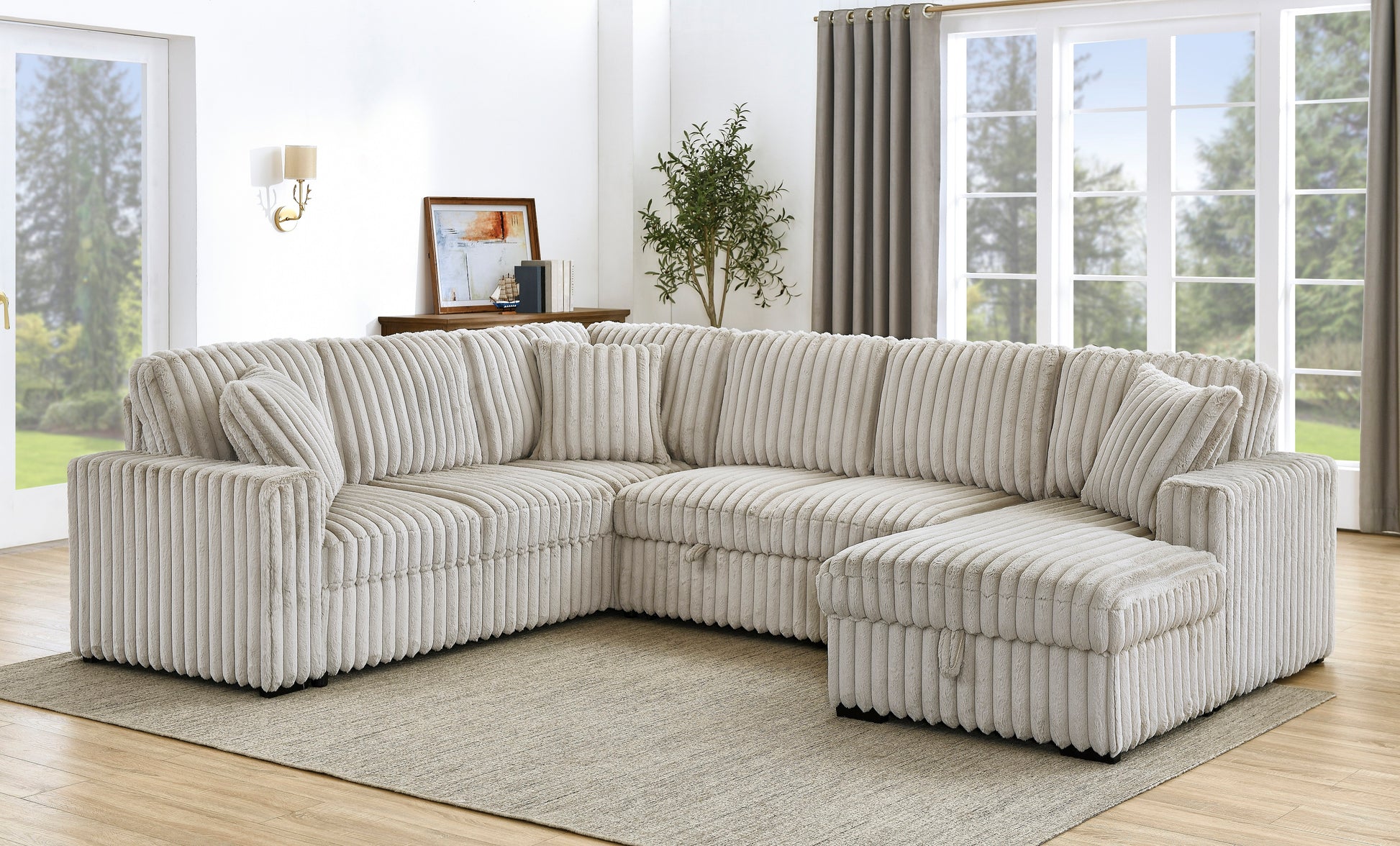 122 Inch Pull Out Couch, Rabbit Plush Fabric Sofa Bed With Usb Ports & Comfy Upholstered, Oversized U Shape Sectional Sleeper Sofa Bed With Storage Chaise, Khaki Light Brown Wood Primary Living Space Medium Duty Eucalyptus 6 Seat Khaki Polyester Soft