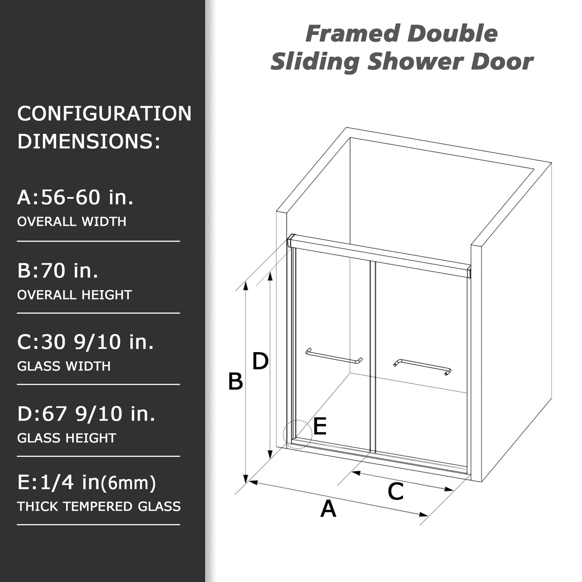 56" 60"W X 70"H Framed Shower Door, Bathroom Double Sliding Shower Door, 1 4" 6Mm Clear Tempered Glass, Bypass Glass Door, Brushed Titanium Finish Brushed Titanium Bathroom American Design Glass