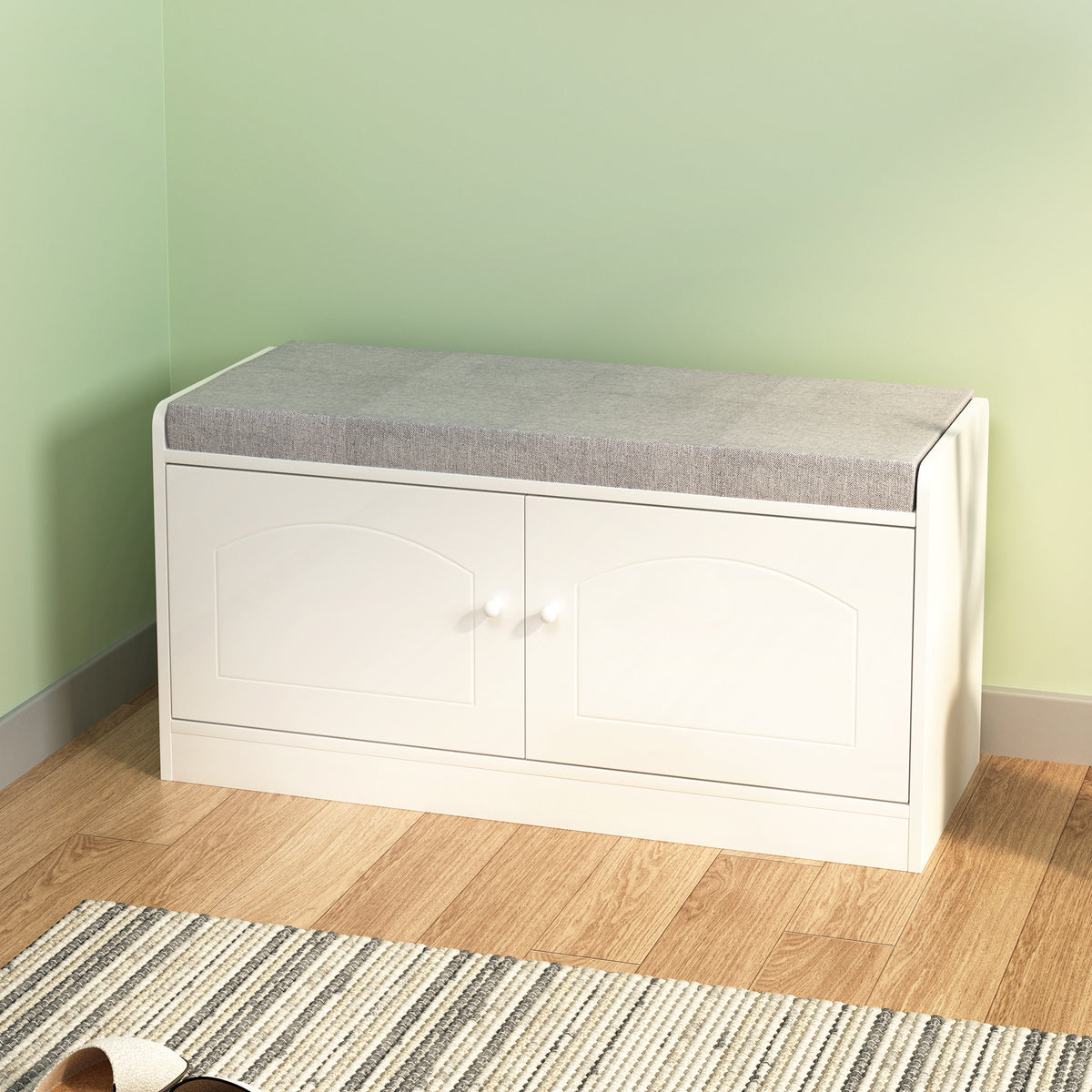 Shoe Storage Bench With 2 Door Cabinet, Entryway Bench With Shoe Storage, Shoe Bench With Cushion, Adjustable Shelves, Shoe Rack Bench For Entrance, Hallway, Bedroom, White Gray White Gray White