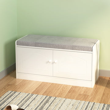 Shoe Storage Bench With 2 Door Cabinet, Entryway Bench With Shoe Storage, Shoe Bench With Cushion, Adjustable Shelves, Shoe Rack Bench For Entrance, Hallway, Bedroom, White Gray White Gray White