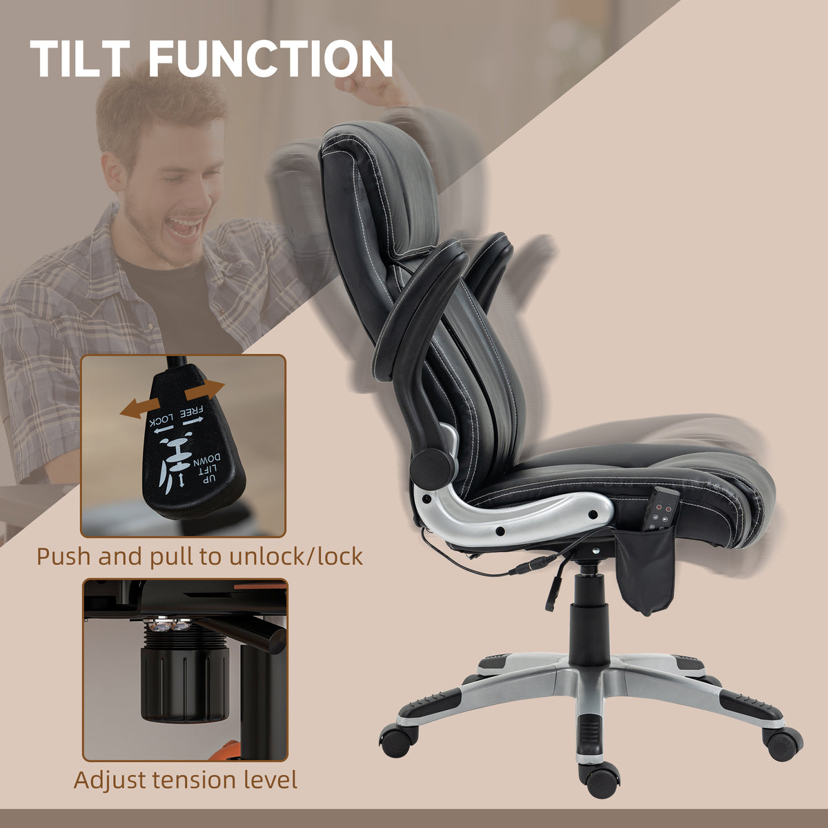 Vinsetto Executive Massage Office Chair With 6 Vibration Points, Heated Faux Leather Computer Desk Chair With Flip Up Armrest, Adjustable Height, Swivel Wheels, Black Black Leather