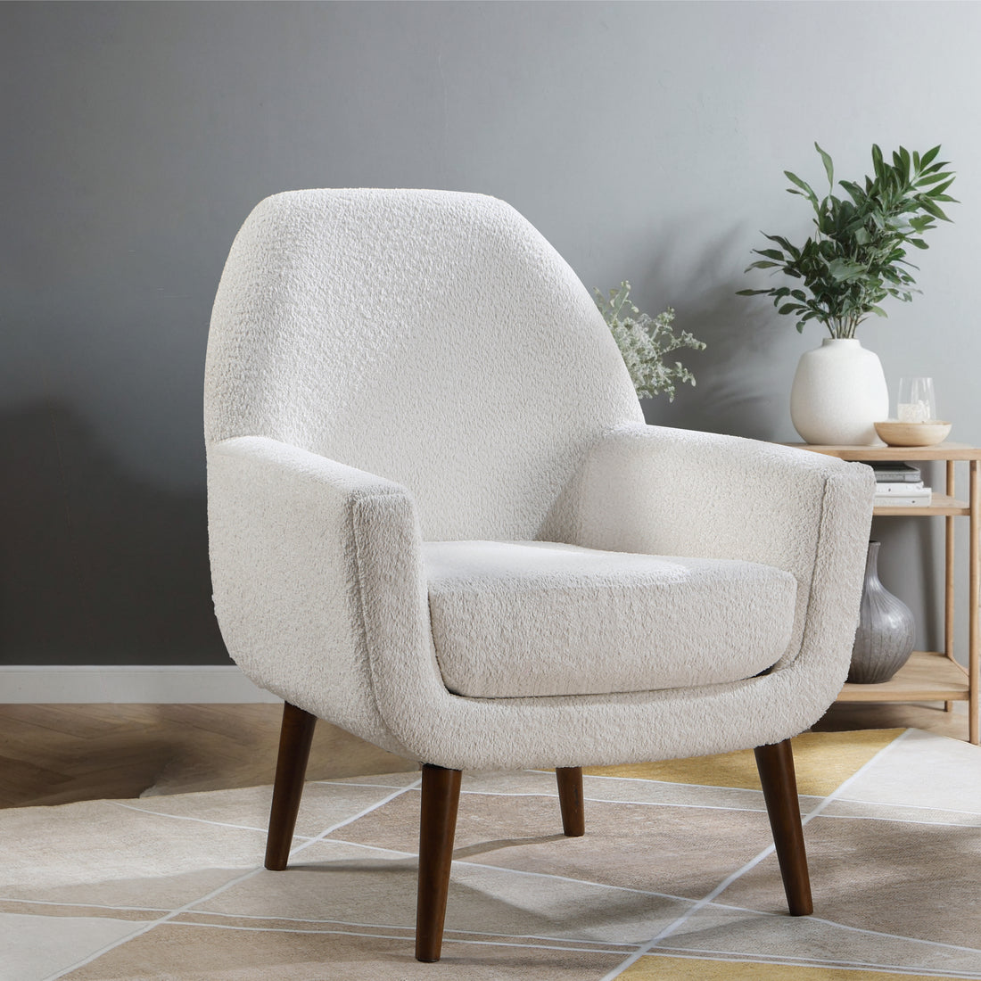 Prince Mid Century Boucle Arm Chair White Foam Boucle