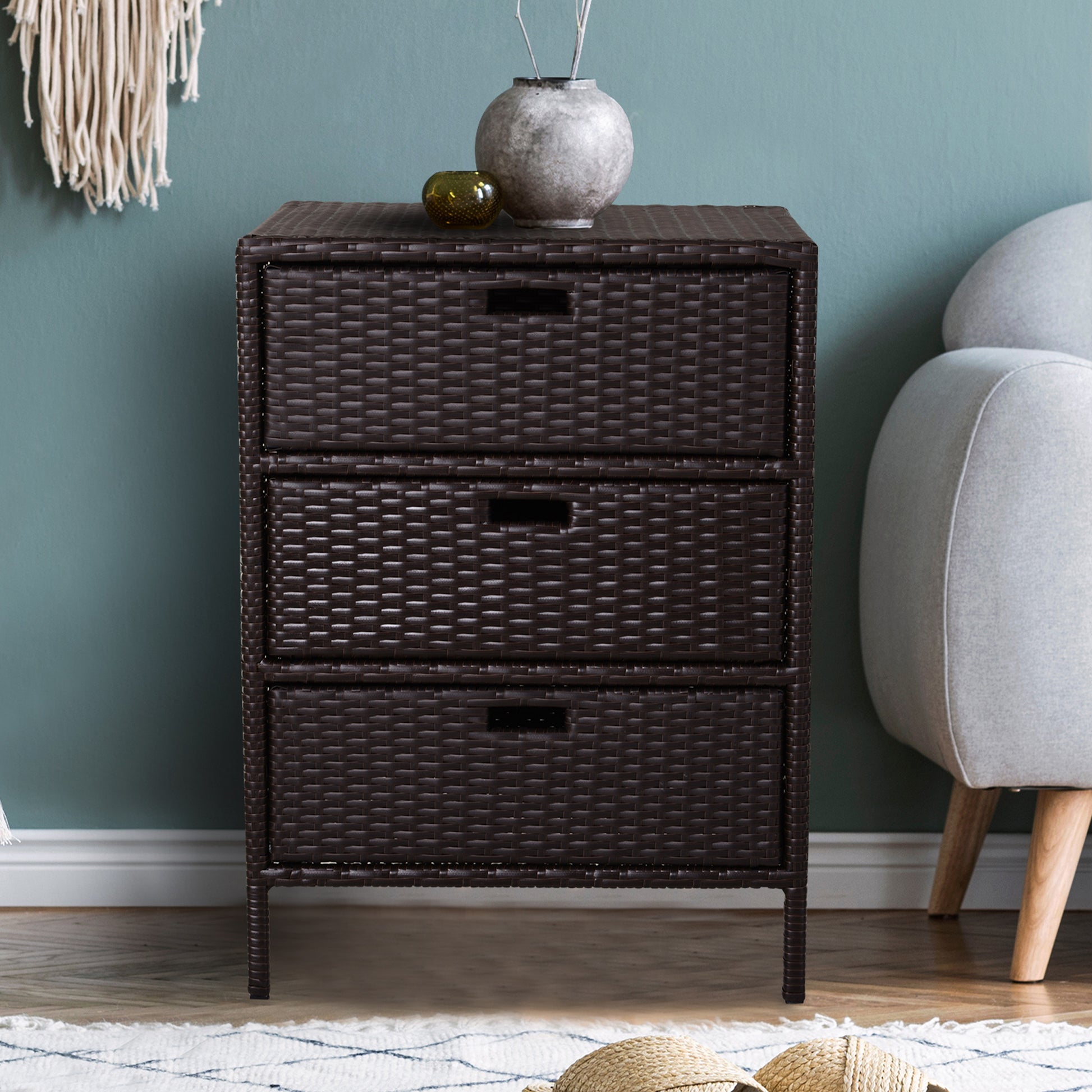 Outsunny Outdoor Towel Cabinet, Pe Rattan Pool Storage Organizer, Freestanding Outdoor Towel Rack For Pool With 3 Drawers And Weather Safe Material, Brown Brown Rattan
