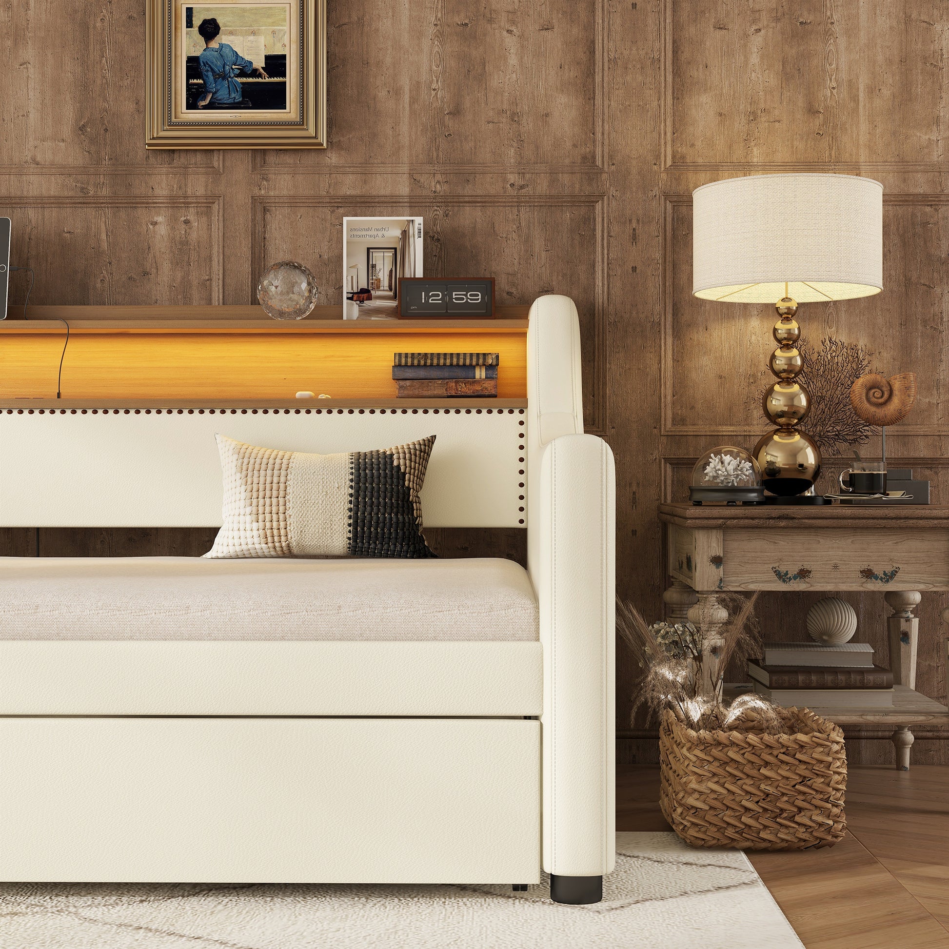Twin Size Daybed With Trundle, Upholstered Daybed With Charging Station And Led Lights, White Expect Arrive Date:May 20Th. Twin White Pu Leather