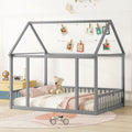 Full Size Floor Wooden Bed With House Roof Frame And Safety Guardrails ,Gray Full Gray Pine