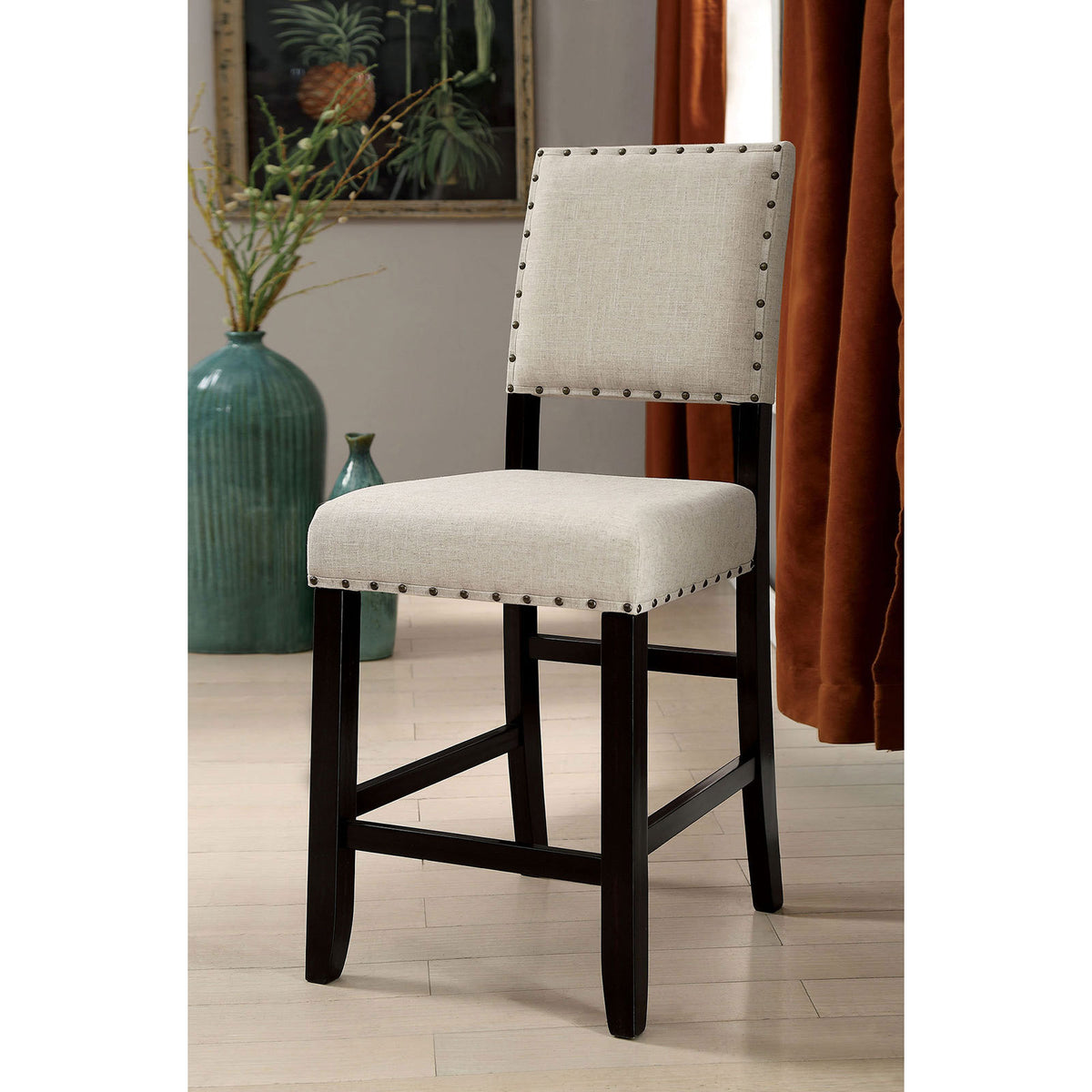 Antique Black Wooden 5Pc Counter Height Dining Set Table And 4X Chairs Beige Linen Like Fabric Cushions Trim Chairs Wood Dining Room Solid Wood Rectangular Dining Table With Chair Upholstered Chair Wood Beige Black Solid Back Seats 4 60 Inches