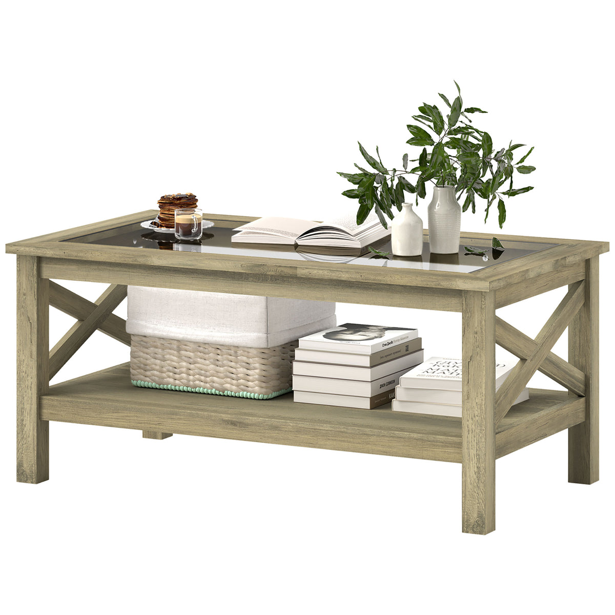 Homcom Glass Coffee Table, Modern Farmhouse Center Table With Storage, Side Table For Living Room With Classic X Bar Style Sides, Gray Gray Mdf