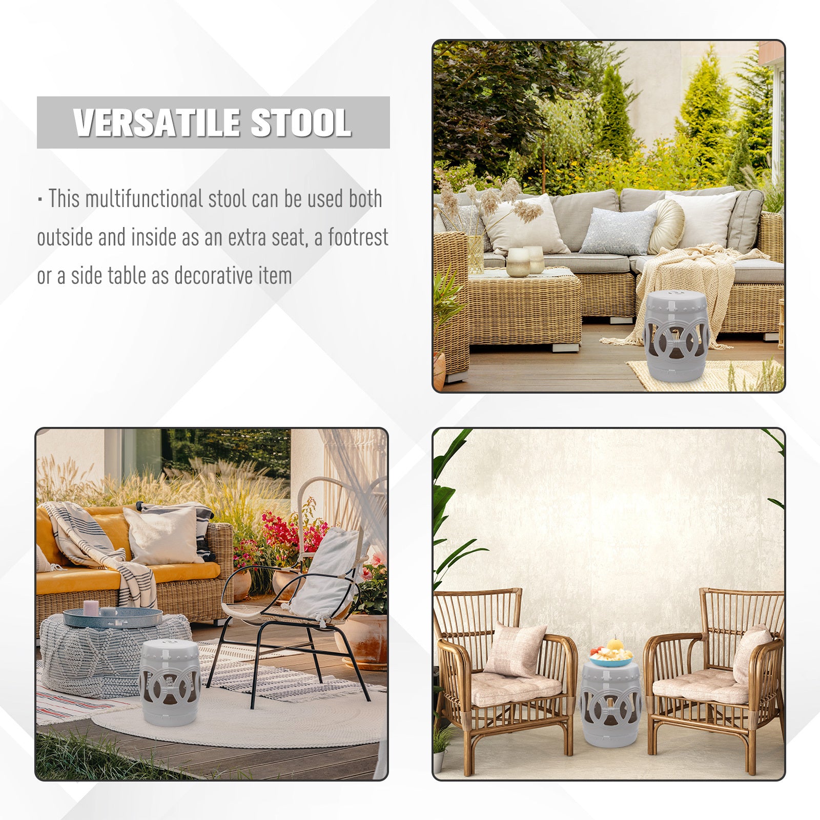 Outsunny 14" X 17" Ceramic Garden Stool With Double Coin Knotted Ring Design & Strong Glazed Material, Decorative End Table, Home Collection, White White Porcelain
