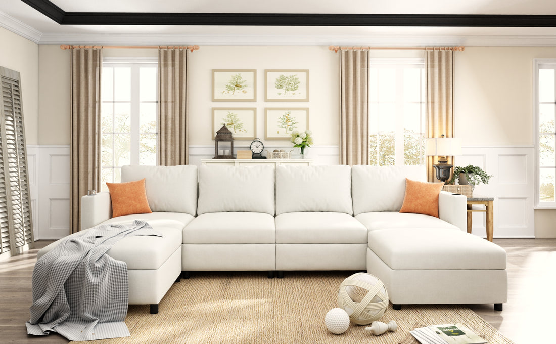 Modern Large Sectional Sofa, U Shape Modular Sectional Couch With Storage Function,123" Sofa Bed With Ottoman,6 Seat Sectionals Chaise For Living Room,Chenille Antique White Fabric 6 Seat