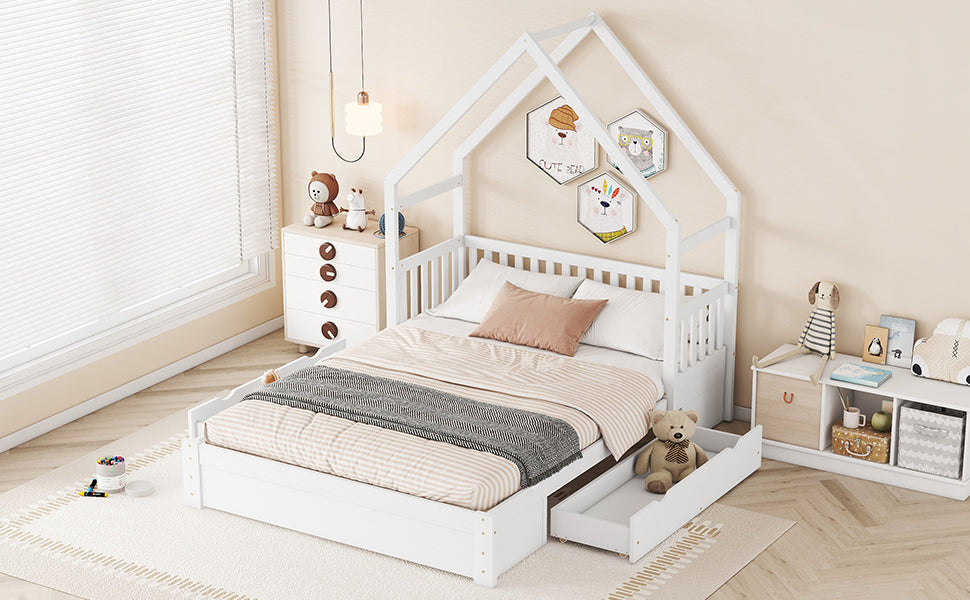 Wood Queen Size House Platform Bed With Guardrail And 2 Drawers, White Box Spring Not Required Queen White Wood Bedroom Bed Frame Solid Wood Mdf