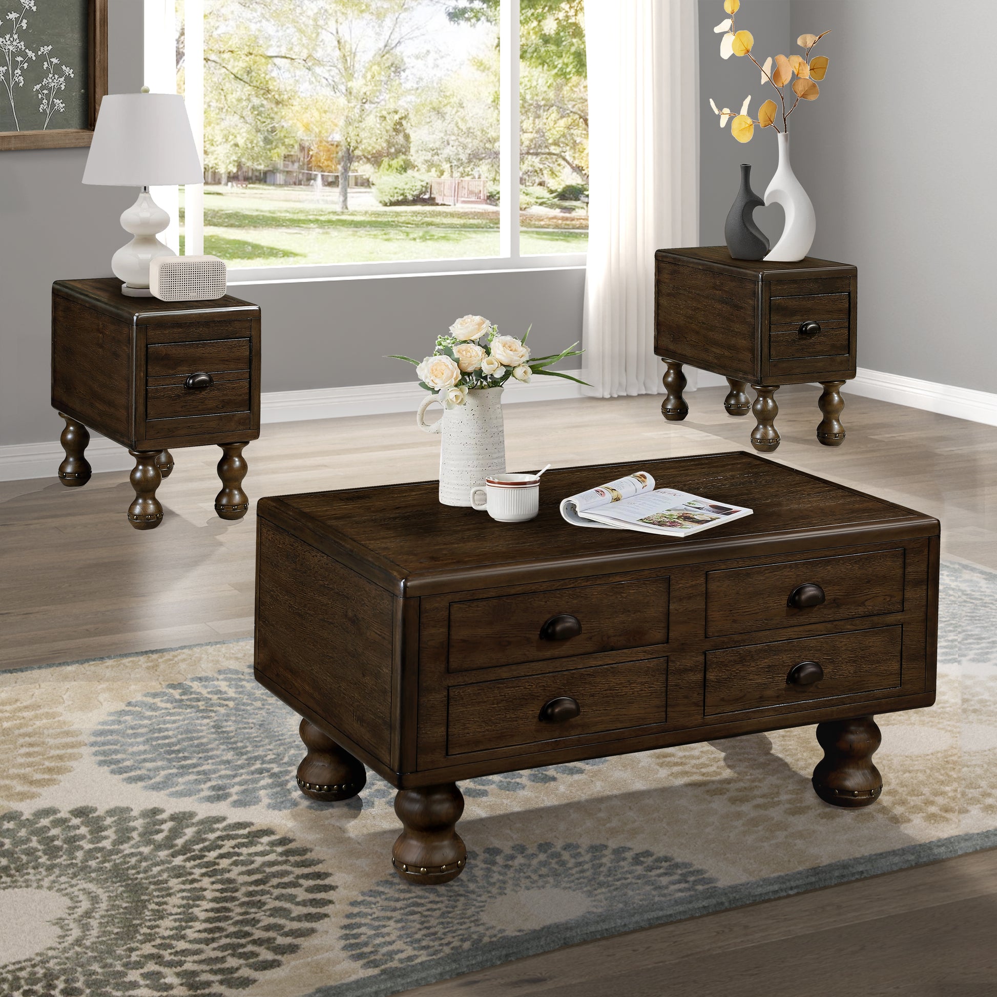 Solid Wood Rectangle Coffee Table For Living Room, 40 Inch Antique Coffee Table With 4 Drawers, Wood Center Table Tea Table With Rivet Decoration Legs.Easy Assembly, Espresso Espresso Pine