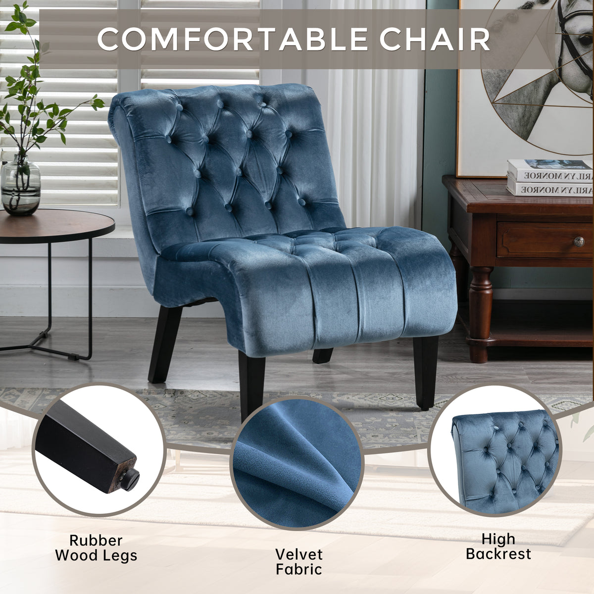 Coolmore Modern Velvet Armless Accent Living Room Chair Leisure Chair,Upholstered Fabric Button Comfortable Chair With Wooden Legs For Bedroom, Living Room, Office Light Blue Velvet Light Blue Foam Velvet