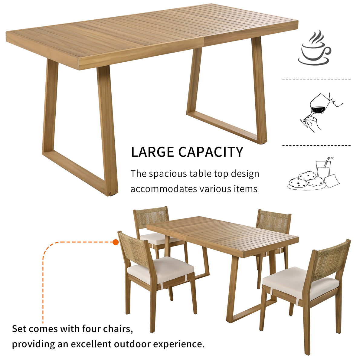 Multi Person Outdoor Acacia Wood Dining Table And Chair Set, Thick Cushions, Suitable For Balcony, Vourtyard, And Garden. Beige Acacia Wood
