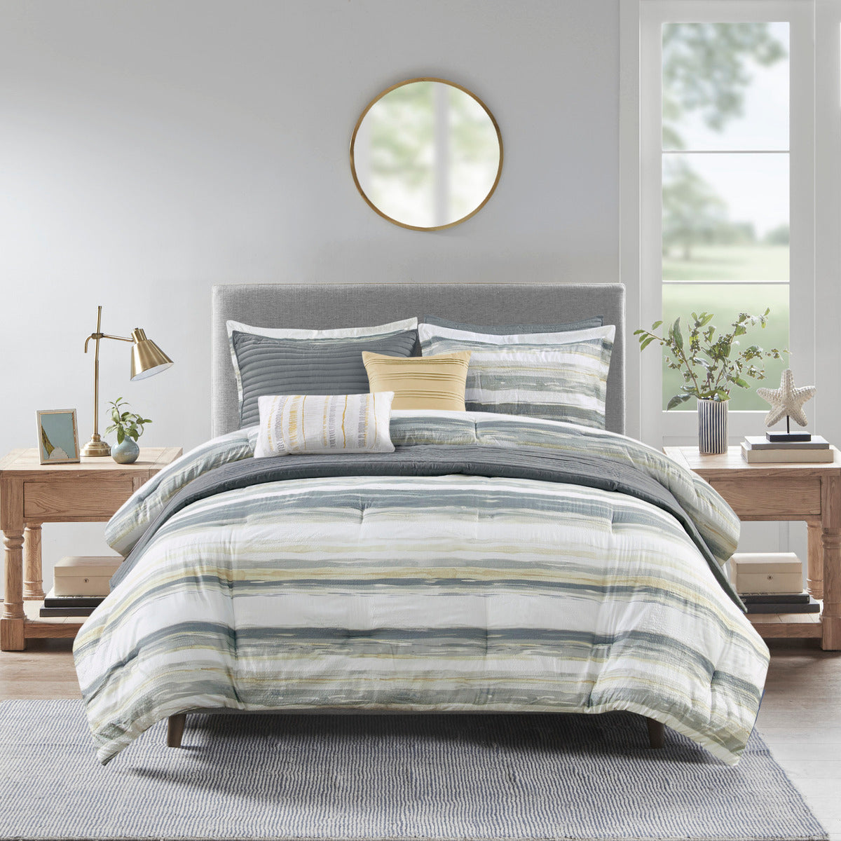 8 Piece Printed Seersucker Comforter And Quilt Set Collection Yellow King Cal King King Yellow Polyester