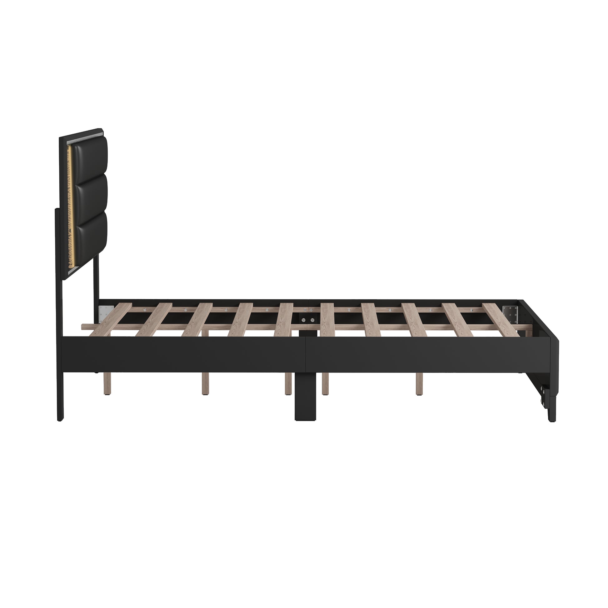 Queen Size Pu Upholstered Bed, Headboard With Led Light Strips And Sparkling Shiny Decoration, No Box Spring Required, Black Queen Black Pu