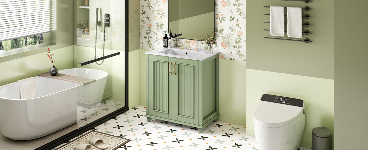 30 Inch Bathroom Vanity With Resin Sink, Freestanding Bathroom Vanity Set With Hidden Drawer, Storage Cabinet For Bathroom, Solid Wood Frame Bathroom Cabinet Green Bathroom Modern Solid Wood Mdf Resin