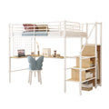 Twin Loft Bed With Desk And Storage Wardrobe, Heavy Duty Loft Bed With Stairs And Metal Grid, Twin Size Loft Bed, No Box Spring Needed, White Loft Bed Twin Size White Box Spring Not Required Twin