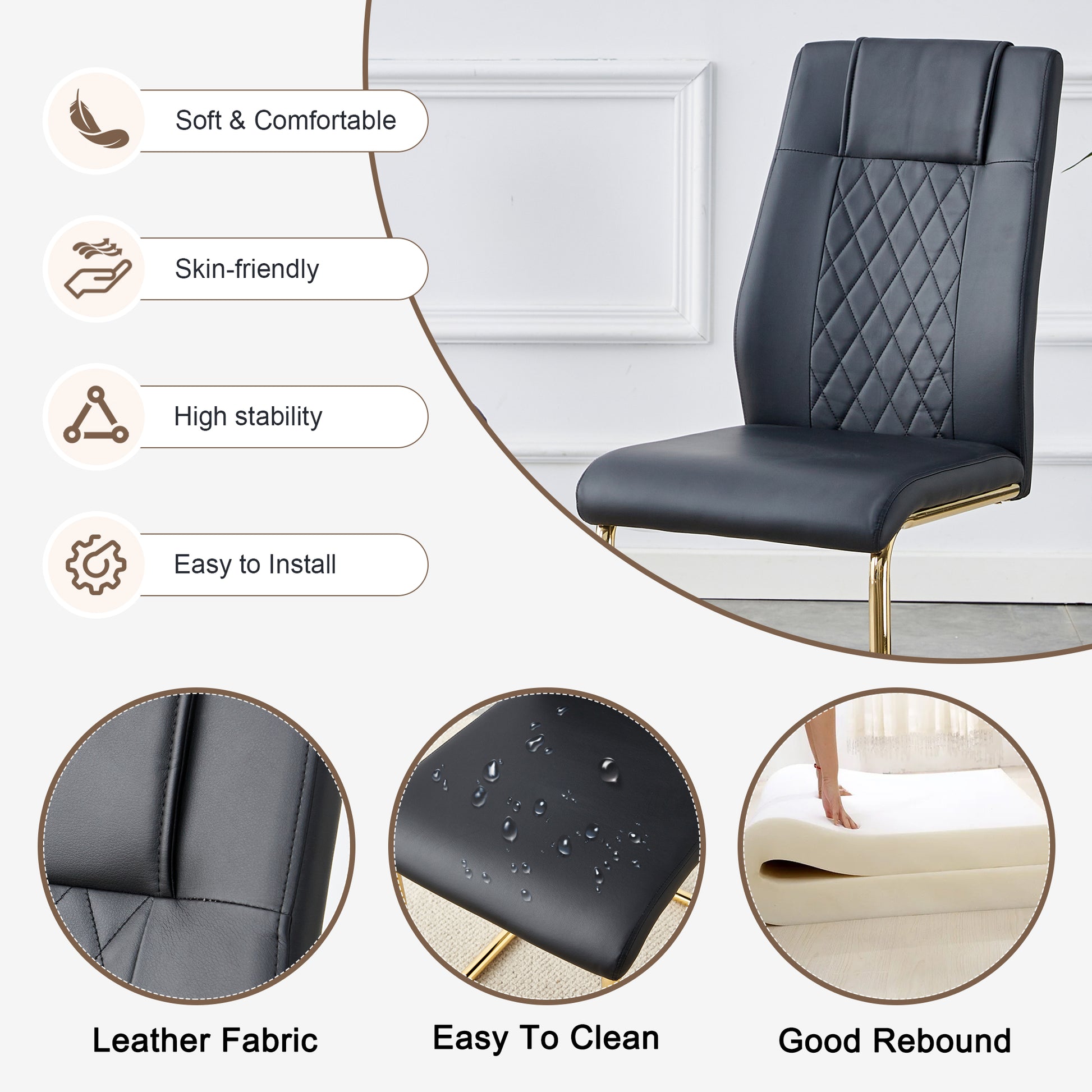 Table And Chair Set.The Table Has A Glass Tabletop With Imitation Marble Pattern Stickers And Stainless Steel Golden Table Legs. Paried With Comfortable Chairs With Pu Seats And Metal Legs. Gold Black Seats 8 Glass Metal