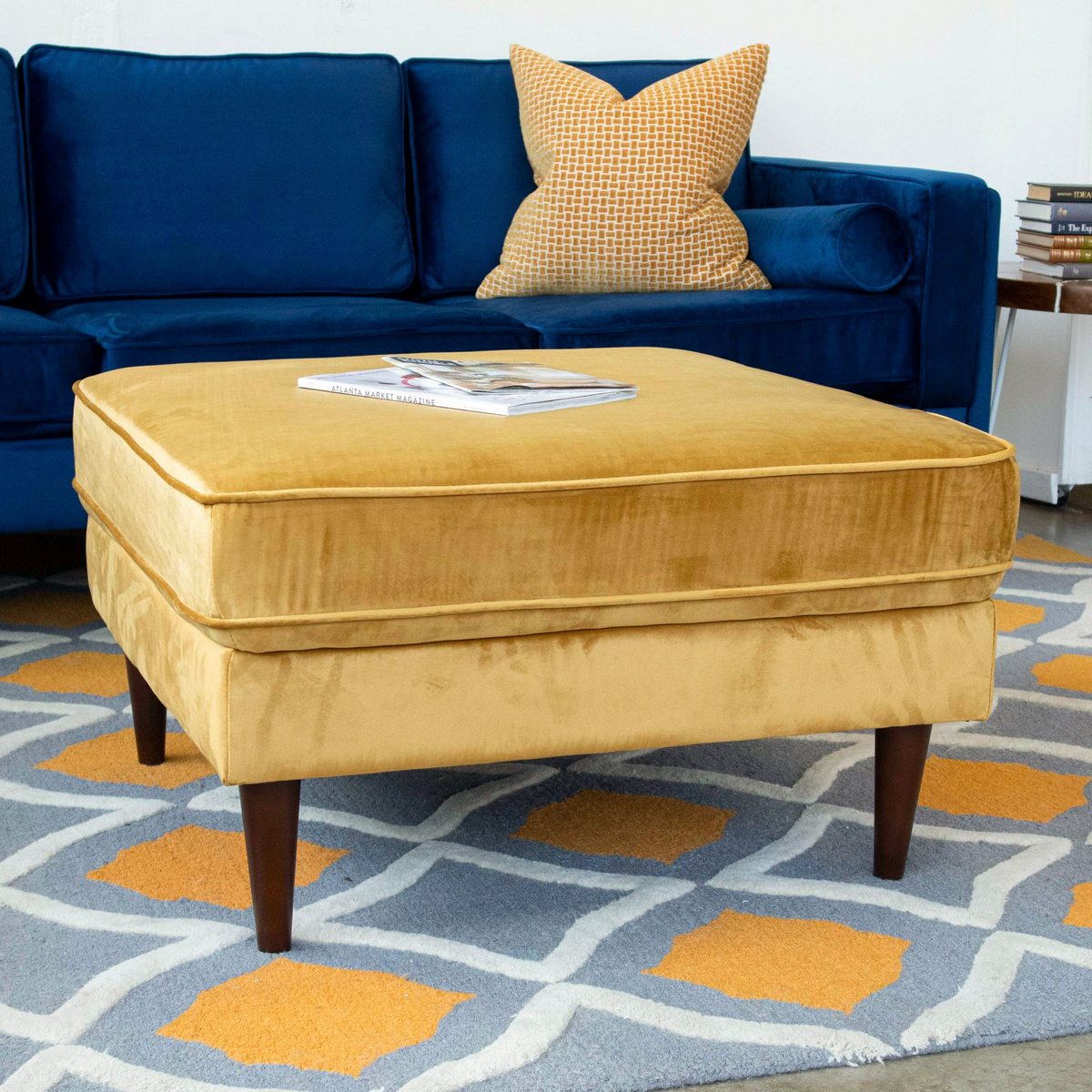 Amber Square Upholstered Ottoman Yellow Velvet Yellow Brown Velvet Wood Backless Solid Yellow Mid Century Modern Foam Tufted Solid Wood,Velvet