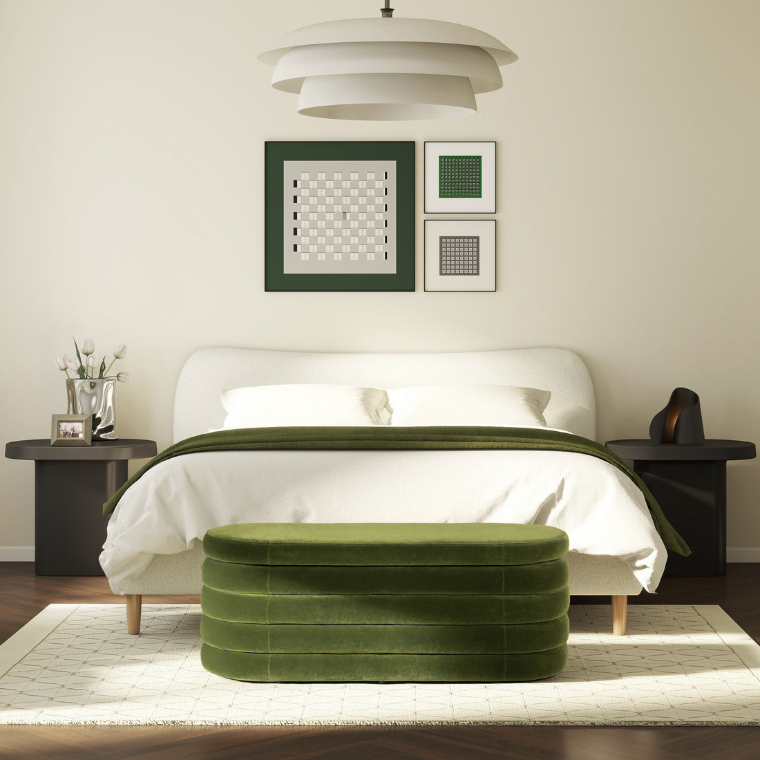 Fuji 49" Upholstered Oval Storage Bench, Olive Green Performance Velvet Olive Green Foam Velvet