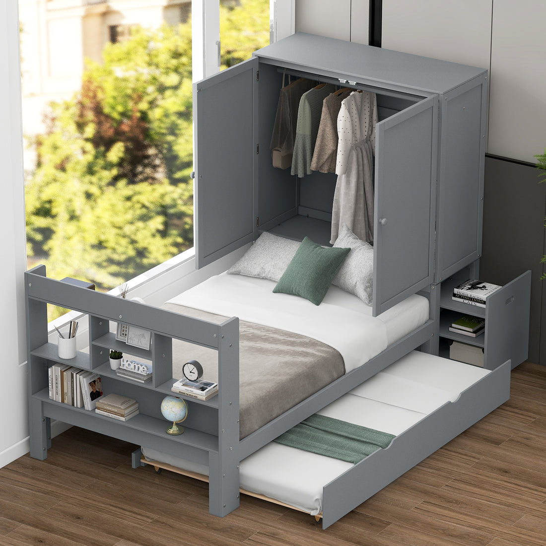 Twin Size Platform Bed With Storage Headboard And Footboard, Pull Out Shelves And Twin Size Trundle, Gray Box Spring Not Required Twin Gray Wood Bedroom Bed Frame Solid Wood Mdf