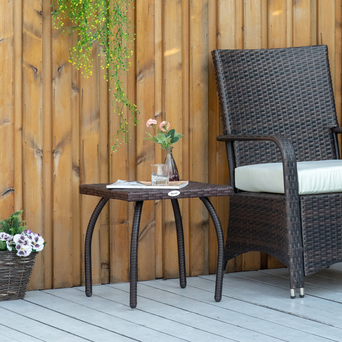 Outdoor Pe Wicker Side Table, Small Square Rattan End Table, All Weather Material Coffee Table For Garden, Balcony, Backyard, Brown Brown Steel