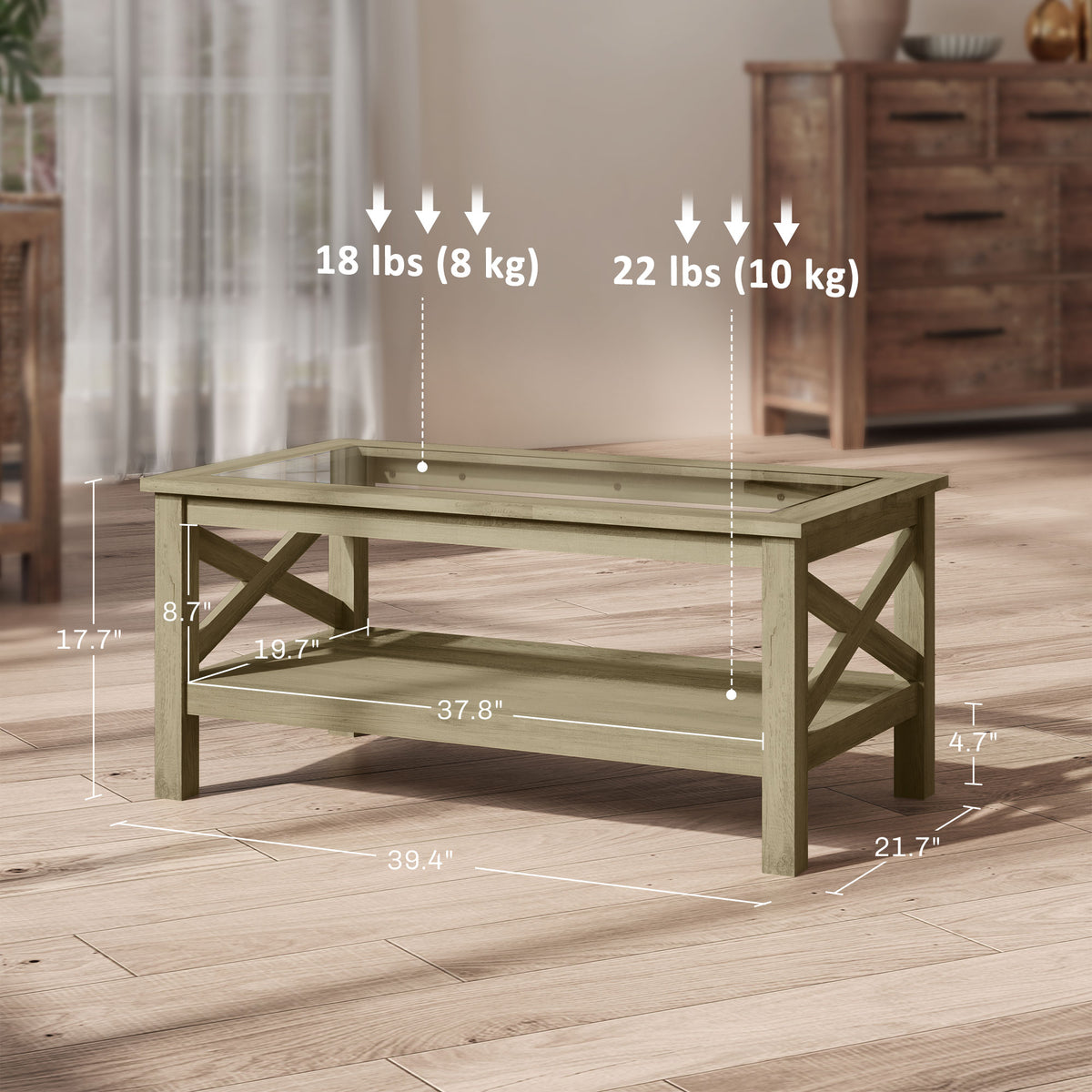 Homcom Glass Coffee Table, Modern Farmhouse Center Table With Storage, Side Table For Living Room With Classic X Bar Style Sides, Gray Gray Mdf