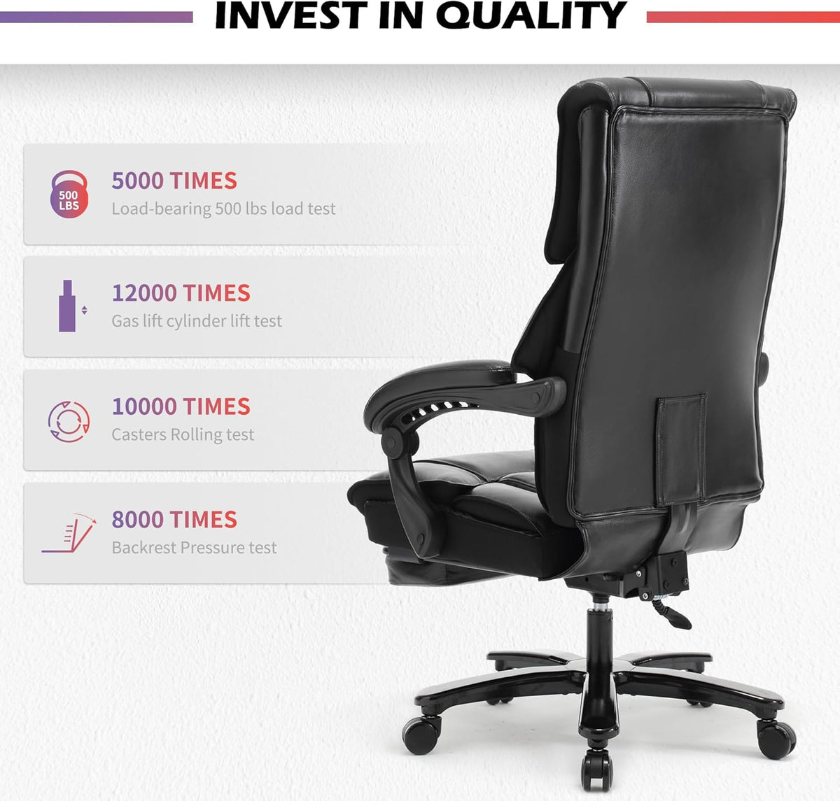 500Lbs Big And Tall Office Chair Wide Seat For Heavy People With Quiet Wheels Heavy Duty Metal Base High Back Larger Size Pu Leather Executive Office Chair With Footrest Back Reclining Alloy Steel Black Foam Faux Leather