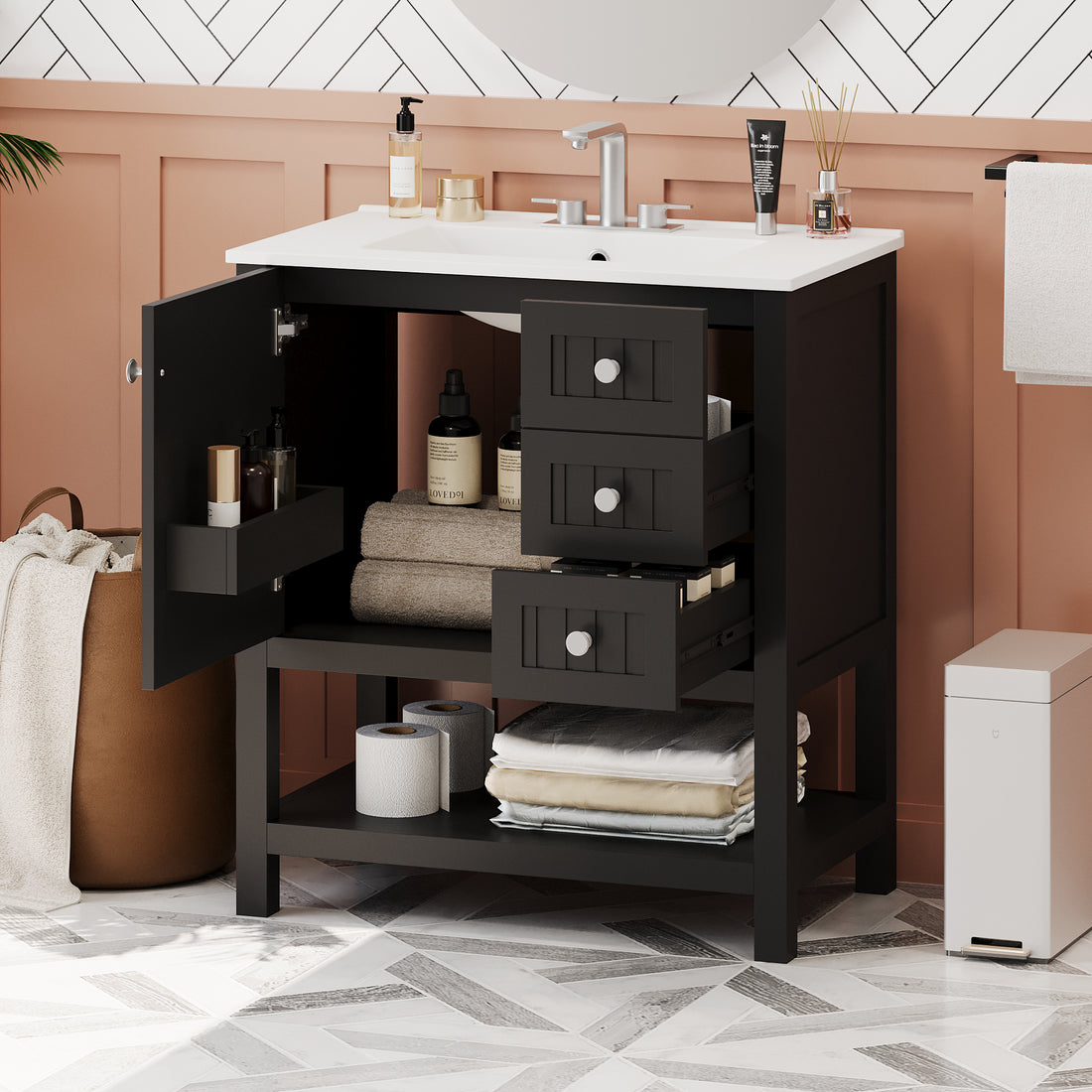 30Inch Transitional Style Bathroom Vanity Cabinet Combo With Ceramic Sink,Soft Close Door Black Bathroom Solid Wood Mdf