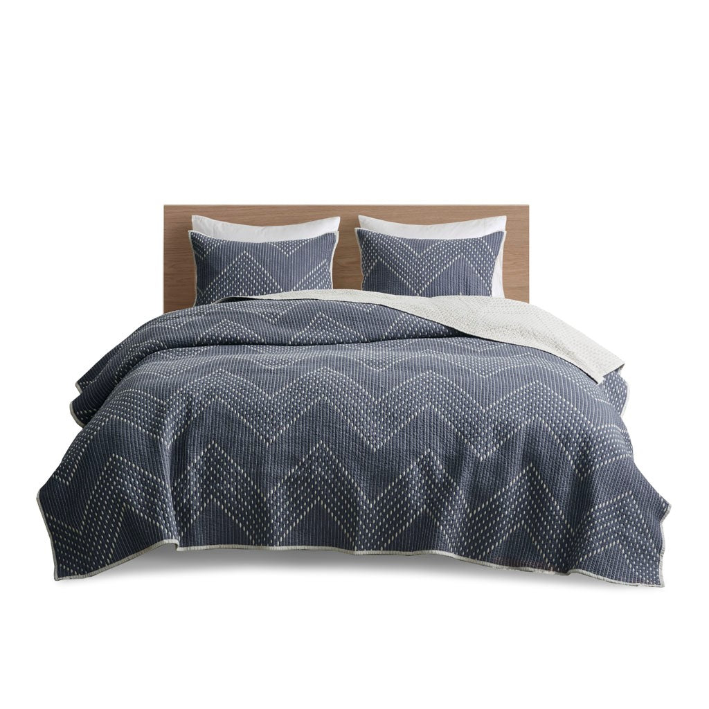 3 Piece Embroidered Cotton Quilt Set Navy King Cal King King Navy Cotton
